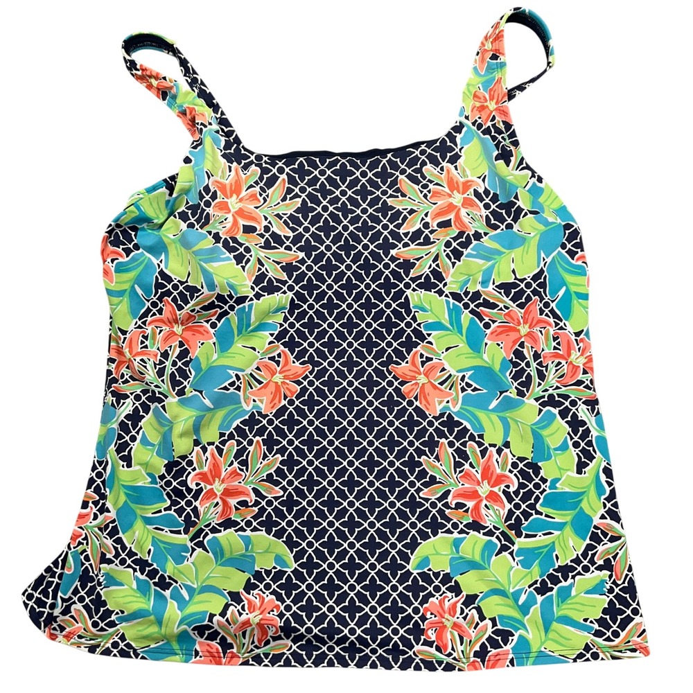 Lands End Tankini Top Womens 18 Navy Blue Floral Tropical Modest Pool Active
